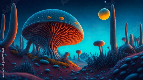 surreal alien landscape of a microscopic fungi, Generative AI