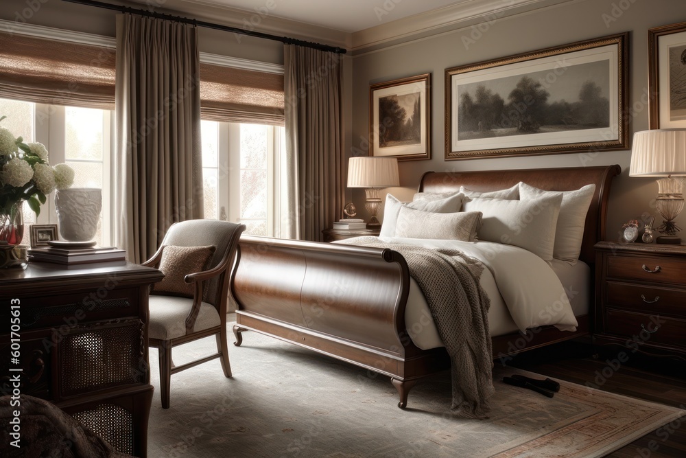Fototapeta premium Exquisite 3D Rendered Bedroom Featuring Natural Light, Upscale Furniture, and Elegant Design Accents..