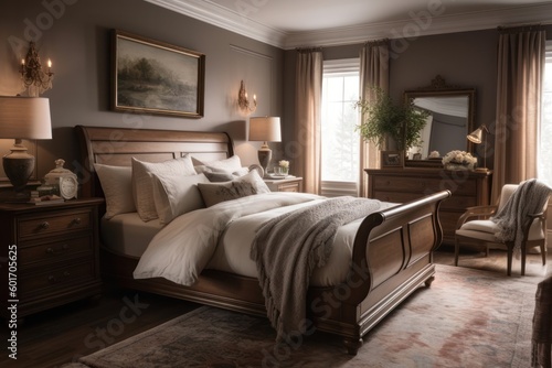 Exquisite 3D Rendered Bedroom Featuring Natural Light  Upscale Furniture  and Elegant Design Accents..