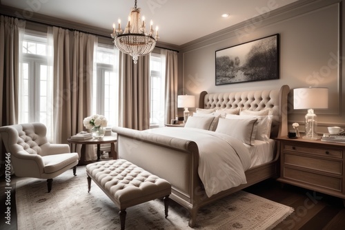 Exquisite 3D Rendered Bedroom Featuring Natural Light, Upscale Furniture, and Elegant Design Accents..