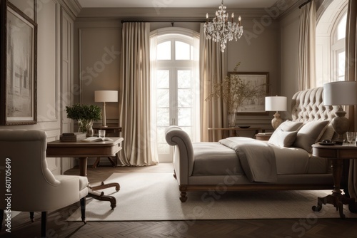 Exquisite 3D Rendered Bedroom Featuring Natural Light  Upscale Furniture  and Elegant Design Accents..