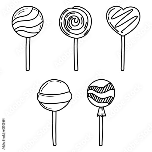 Vector hand drawn outline illustration of sweet candies. Set of candy lolipop Black contour doodle in line art style. 