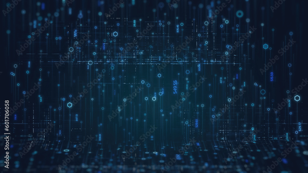data technology background, code hexagon digital grid line rise up, dark blue, big data concept