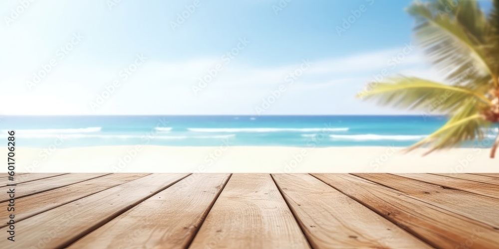 sunscreen, beach chair, sunglasses on the wooden table , with generative ai