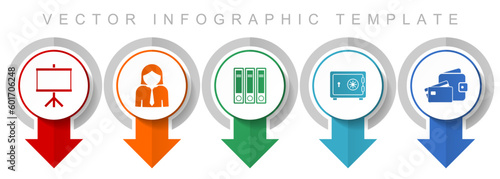 Seminar icon set, miscellaneous pointer icons such as board, woman, archive, safe and money for webdesign and mobile applications, modern design infographic vector template