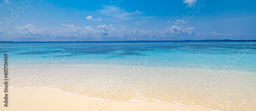 Fototapeta Naklejka Na Ścianę i Meble -  Panoramic beach landscape. Closeup sea waves on sandy beach. Inspire tropical seascape wave horizon. Sunny bright blue sky calmness tranquil relaxing seaside. Vacation travel summer holiday banner