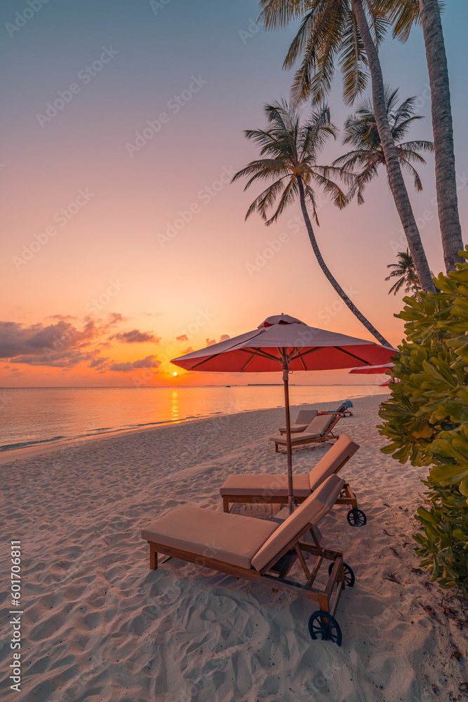 Beautiful beach. Couple chairs sandy beach close to sea. Summer honeymoon and vacation for love togetherness. Inspire tropical landscape. Tranquil romance, relaxing beach, tropical landscape design