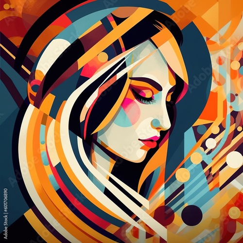 Illustration of beuaty woman, women power. Fashion women, colored stripes, oriental, generative ai.  photo