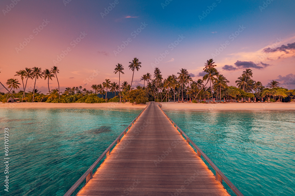 Amazing sunset panorama at Maldives. Luxury resort villas seascape with soft led lights under colorful sky. Beautiful twilight sky and colorful clouds. Beautiful beach background for vacation holiday
 - obrazy, fototapety, plakaty 