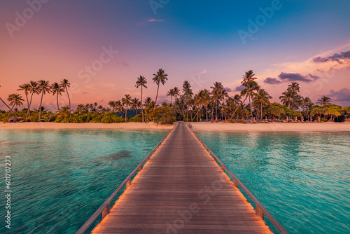 Fototapeta Naklejka Na Ścianę i Meble -  Amazing sunset panorama at Maldives. Luxury resort villas seascape with soft led lights under colorful sky. Beautiful twilight sky and colorful clouds. Beautiful beach background for vacation holiday
