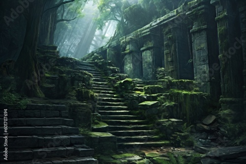 old forgotten overgrown ruins with stairs  rainforest lost place  fictional landscape created with generative ai