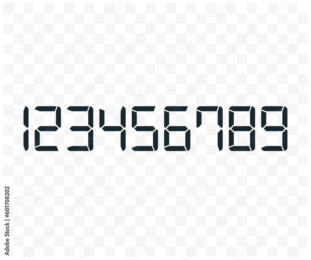 Digital numbers in vector 1 and 9 on transparent background. Digital clock numbers. Digital