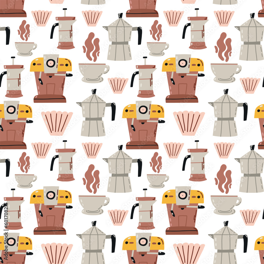 Coffee device maker surface pattern. Seamless vector background. Stylish trendy fabric design paper Coffee device maker surface pattern. Seamless vector background. Stylish trendy fabric design paper