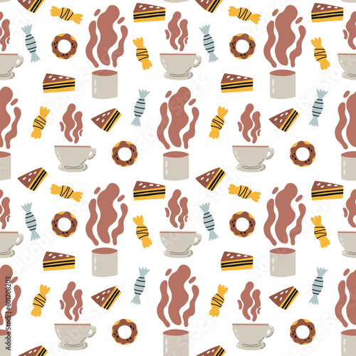 Coffee cup with sweet food surface pattern. Seamless vector background. Stylish trendy fabric design paper