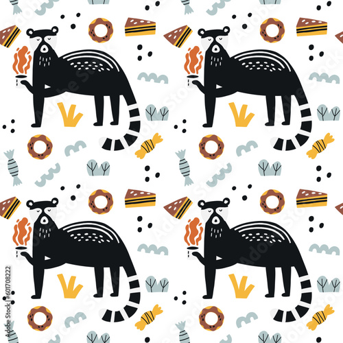 Cute Kopi Luwak with sweet food surface pattern. Seamless background vector civet palm cat. Asian animals stylish trendy fabric design paper