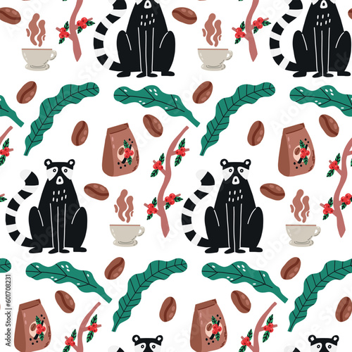 Cute Kopi Luwak with coffee surface pattern. Seamless background vector civet palm cat. Asian animals stylish trendy fabric design paper