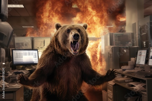 raging bear in Wall Street Trading Room, represent bearish downtrend market  photo