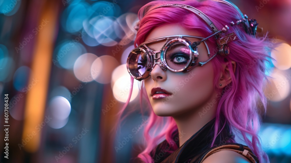 cool and crazy cyberpunk girl with pink hair and steampunk goggles, fictional person created with generative ai cool and crazy cyberpunk girl with pink hair and steampunk goggles, fictional person created with generative ai