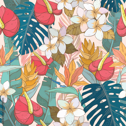 Tropical pattern with exotic flowers and leaves