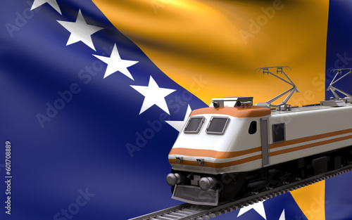 Bosnia and Herzegovina country national flag with speed trains railroad locomotive tourist traveling path international journey infrastructure concept 3d rendering image