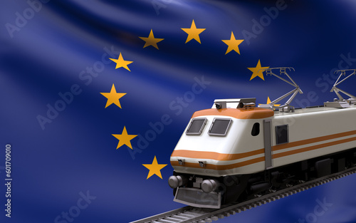 Europe Union country national flag with speed trains railroad locomotive tourist traveling path international journey infrastructure concept 3d rendering image