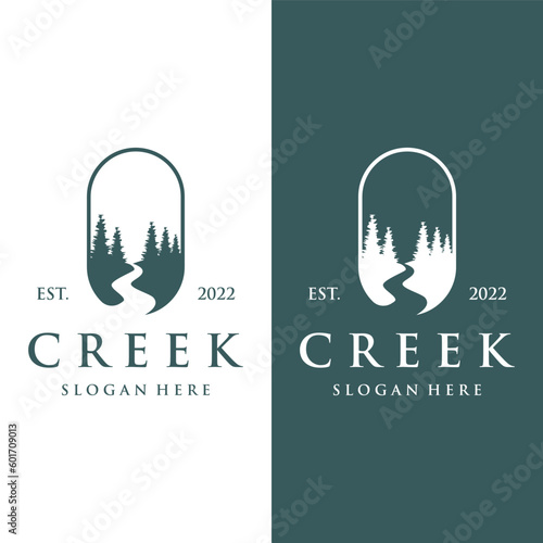 Logos of rivers, creeks, riverbanks and streams. River logo with combination of mountains and farmland with concept design vector illustration template.