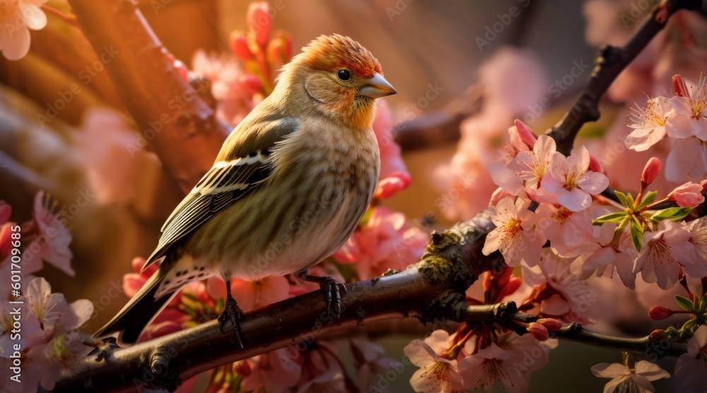 A bird sits on a branch of a cherry blossom tree.AI