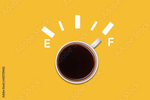 Hot black coffee with energy,fuel meter, full energy, & power.