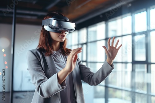 Futuristic vision of using VR AR immersive technology in business, attractive businesswoman using VR AR equipment, created with Generative AI
