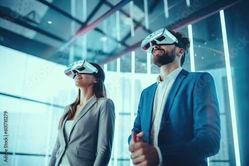 Futuristic vision of using VR AR immersive technology in business, attractive businesswoman and businessman using VR AR equipment, created with Generative AI
