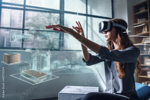 Futuristic vision of using VR AR immersive technology in business, attractive businesswoman using VR AR equipment, created with Generative AI

