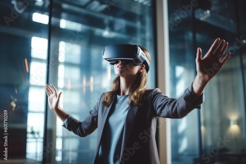 Futuristic vision of using VR AR immersive technology in business, attractive businesswoman using VR AR equipment, created with Generative AI
