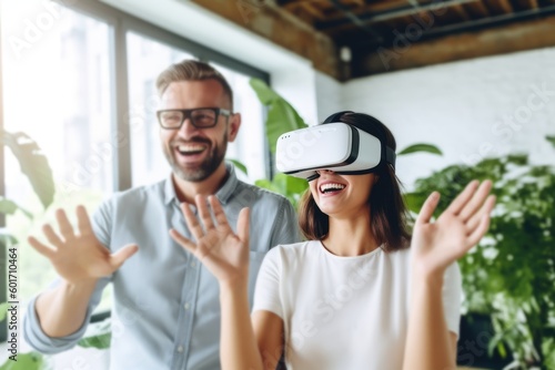 Futuristic vision of using VR AR immersive technology in business, attractive businesswoman and businessman using VR AR equipment, created with Generative AI
