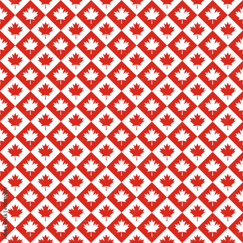 Maple leaves seamless pattern. Canada Day checkered background. Vector template for Canadian holiday party invitation, greeting card, flyer, fabric, textile, etc