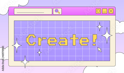 Trendy retro computer screen window, Y2K card, retro illustration, decorative art, web banner with pixel text.