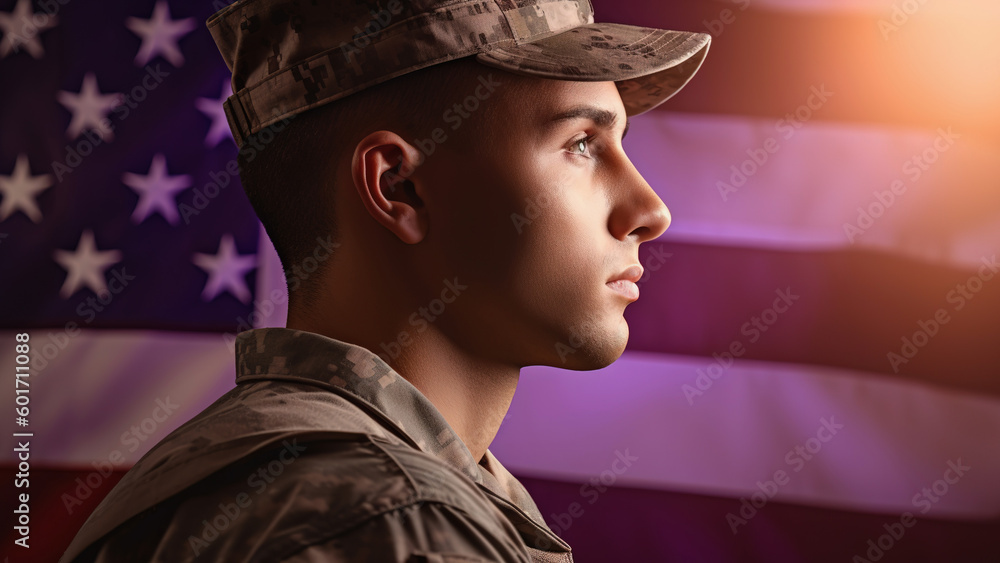 American soldier portrait, us flag background. Generative AI