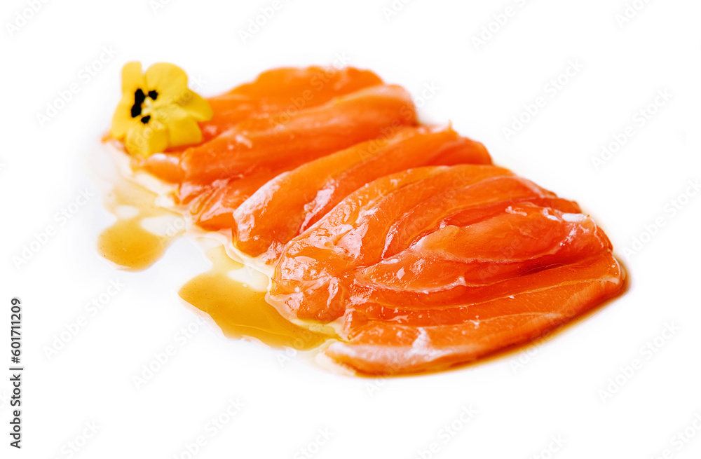 Chopped fresh salmon fillet on white plate Chopped fresh salmon fillet on white plate