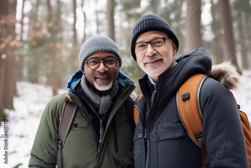 Active retired interracial gay couple hiking outdoors. Generative AI