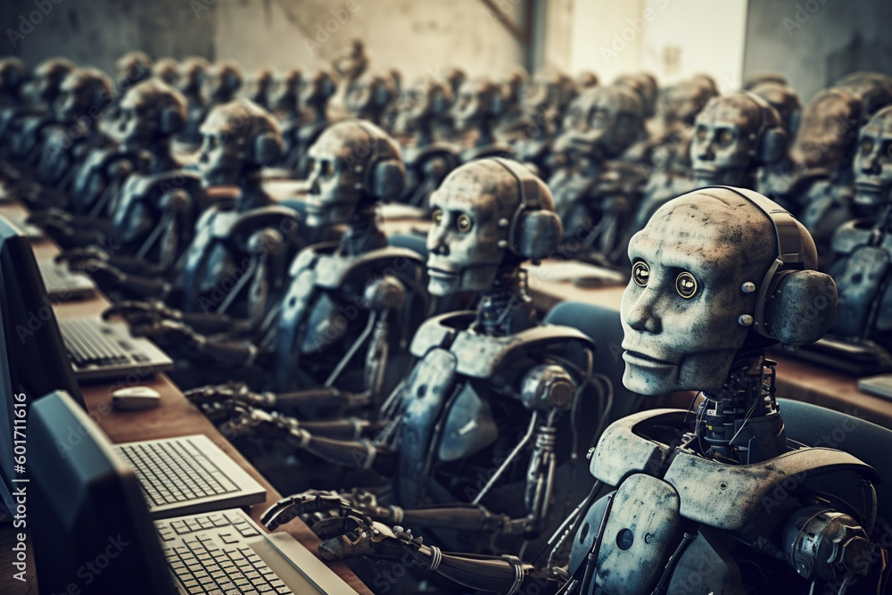 Robots work at computers in an office in a corporation Generative AI Robots work at computers in an office in a corporation Generative AI