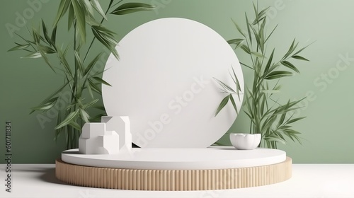 Bamboo product display podium for natural product. Empty scene with bamboo branch. Generative ai © ink drop