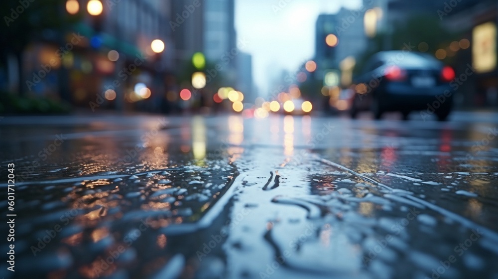 Raindrops on the road against the background of a blurred city street. High quality illustration Generative AI