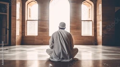 photograph of a Muslim pilgrim sitting in a mosque while dressed for the Hajj.  GENERATE AI photo