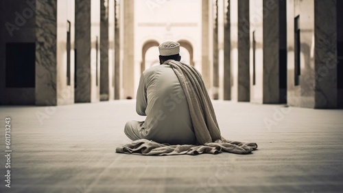 photograph of a Muslim pilgrim sitting in a mosque while dressed for the Hajj. GENERATE AI