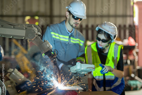 Engineer control robot arm machine welding steel, worker using forcing welding control screen which for precision welding control. Worker control automation welding robot in hi tech heavy factory photo