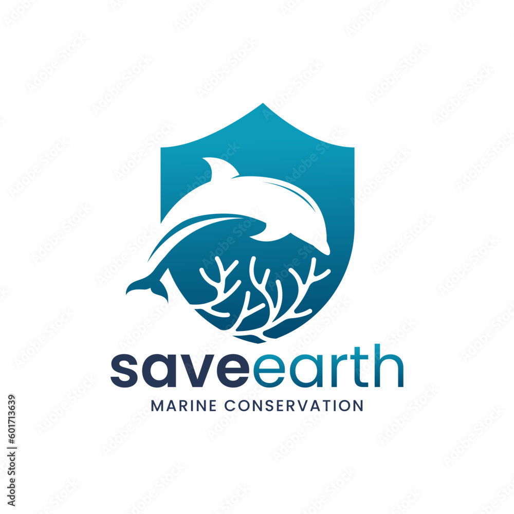 Dolphin combination logo set on water and coral reef. It is suitable for use as a marine conservation logo. Dolphin combination logo set on water and coral reef. It is suitable for use as a marine conservation logo.