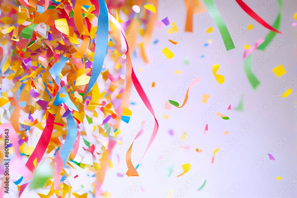 Fototapeta premium Many Falling Colorful Tiny Confetti And Streamer Ribbon On Pink Background. Celebration Event and Party. Multicolored. Generative AI