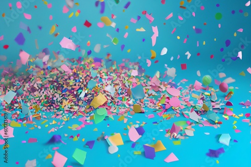 Many Falling Colorful Tiny Confetti And Streamer Ribbon On Blue Background. Celebration Event and Party. Multicolored. Generative AI