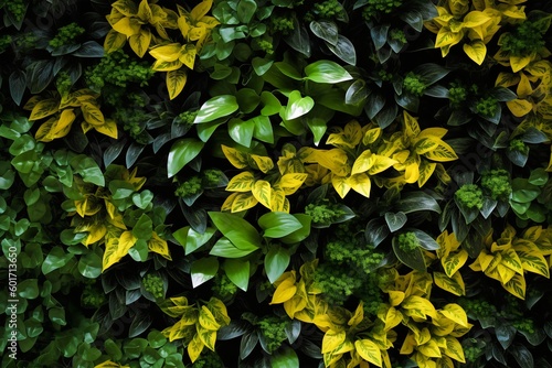 Collage of green plants and flowers on a black background. Floral background.