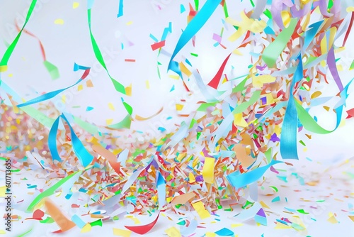 Many Falling Colorful Tiny Confetti And Streamer Ribbon On White Background. Celebration Event and Party. Multicolored. Generative AI