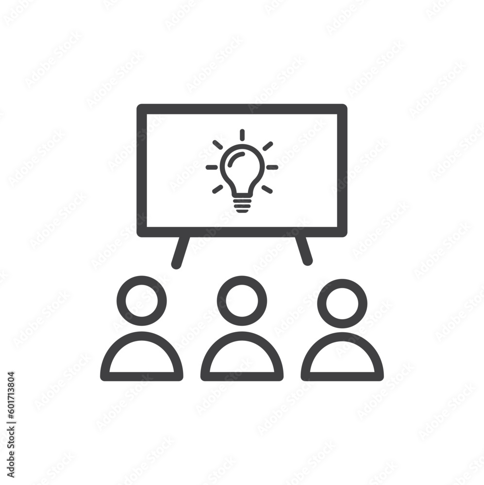 Thin line insight icon with group of people and black light bulb. Thin line insight icon with group of people and black light bulb.